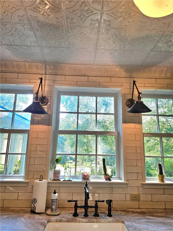 Subway tile, Tin ceilings, backyard view