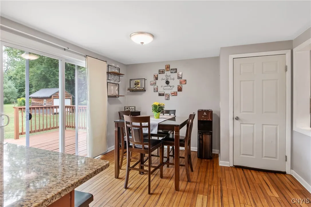 Kitchen open to deck and backyard