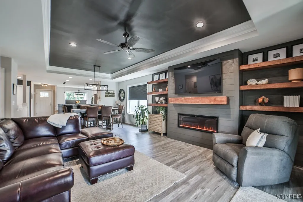 New electric fireplace wall, with shelves, mantle, TV hook up.