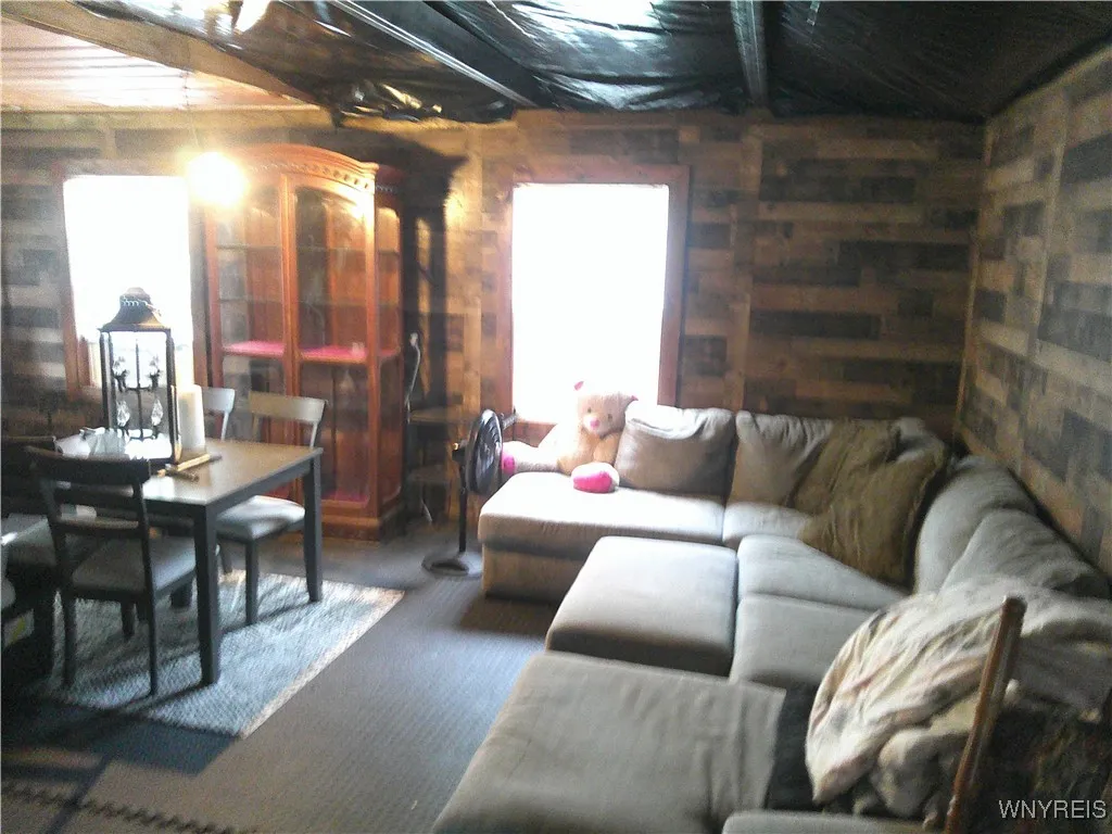 entertainment area in former 2 car garage