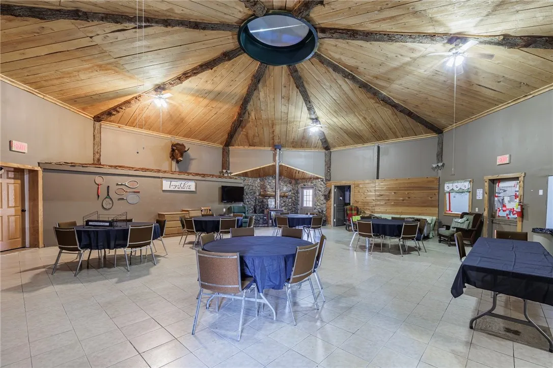 The rec hall has a commercial kitchen and accommodations for a manager with a full bath and a public restroom.