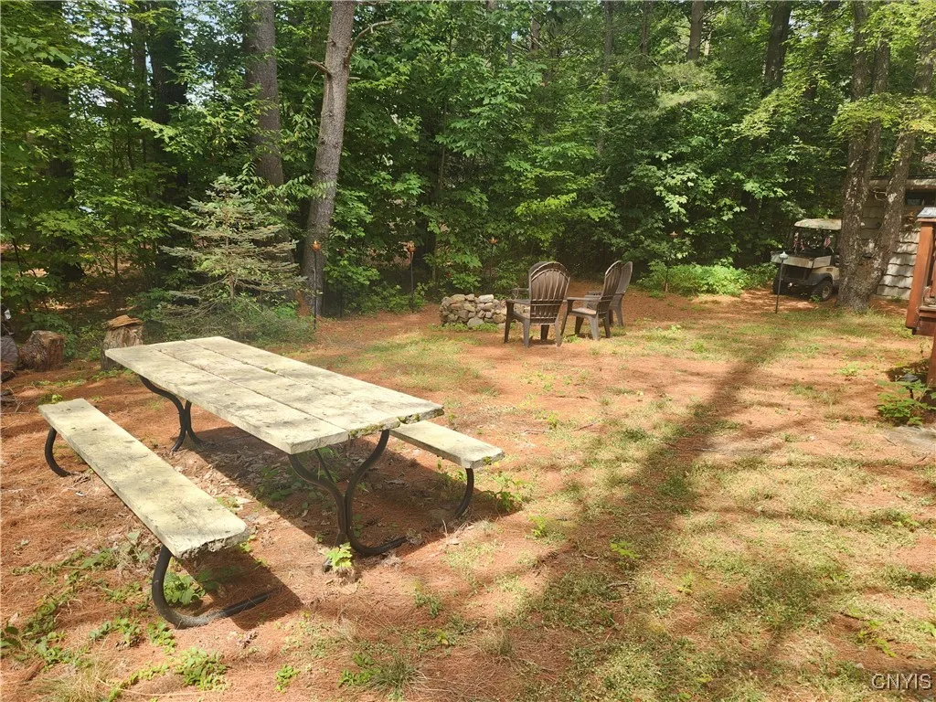 Yard with picnic table and fireplace