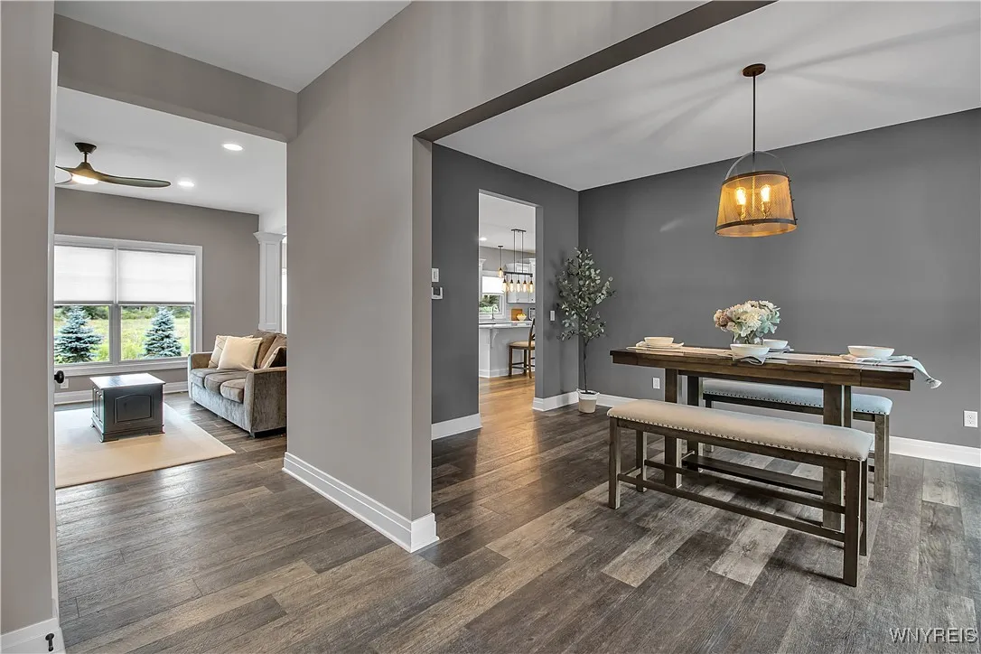 Gives you a sense for layout when you walk inside - dining room, family room, and kitchen