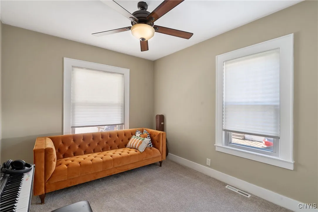 The first bedroom is at the front of the house. Currently a music room, this bedroom can accommodate a big bed and furniture as well.