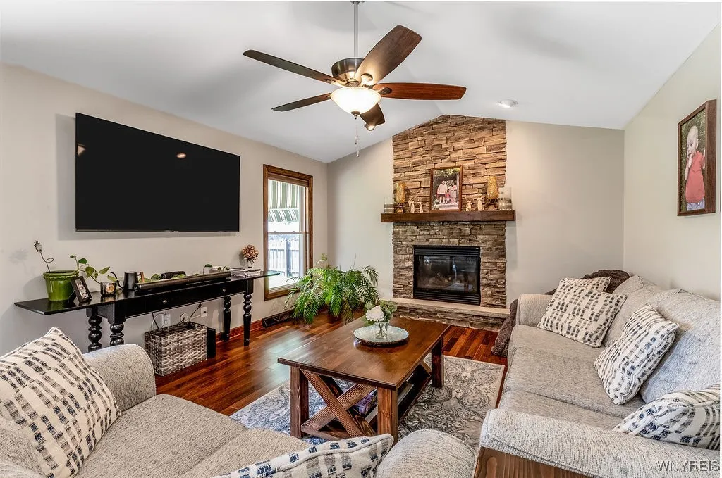 Spacious living room with gas fireplace
