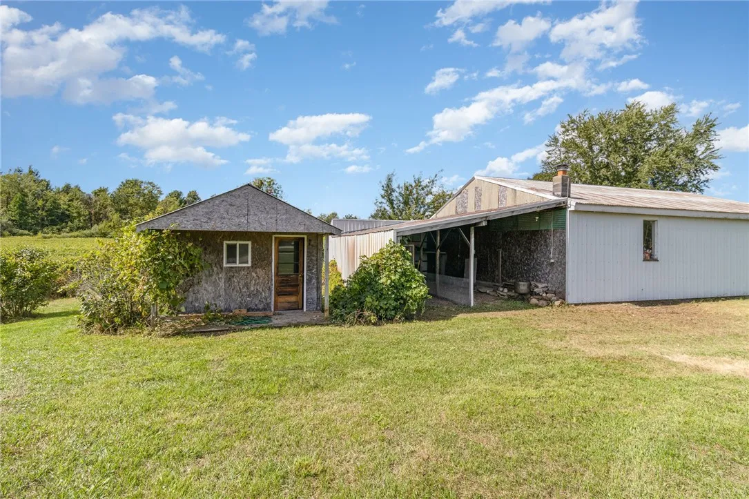 Shed, chicken coop and more covered storage behind main garage