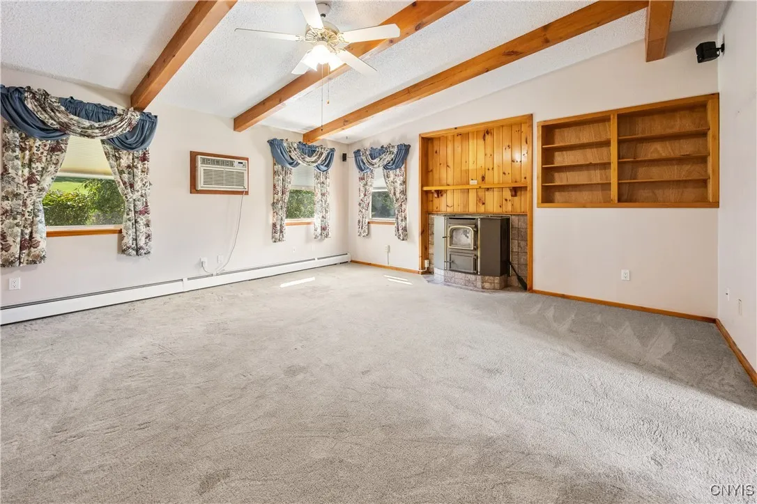Spacious living room with coal stove