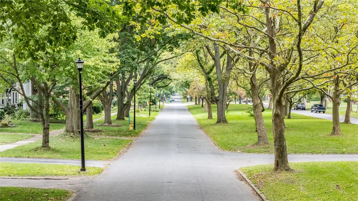 One way street with no outlet and public green space in the middle of the street