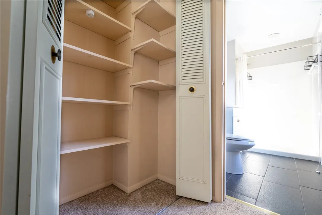 Linen closet in primary bedroom outside bathroom