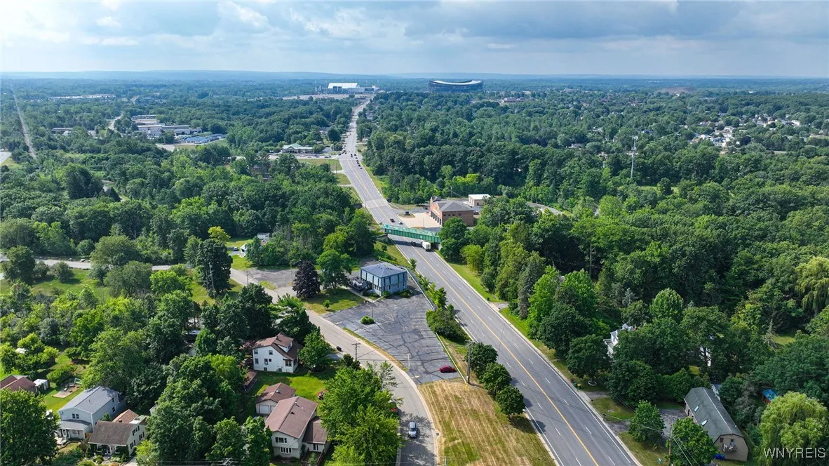 Aerial shot with New Era Stadium in the distance