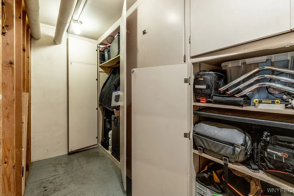 Storage unit features built-in cabinetry