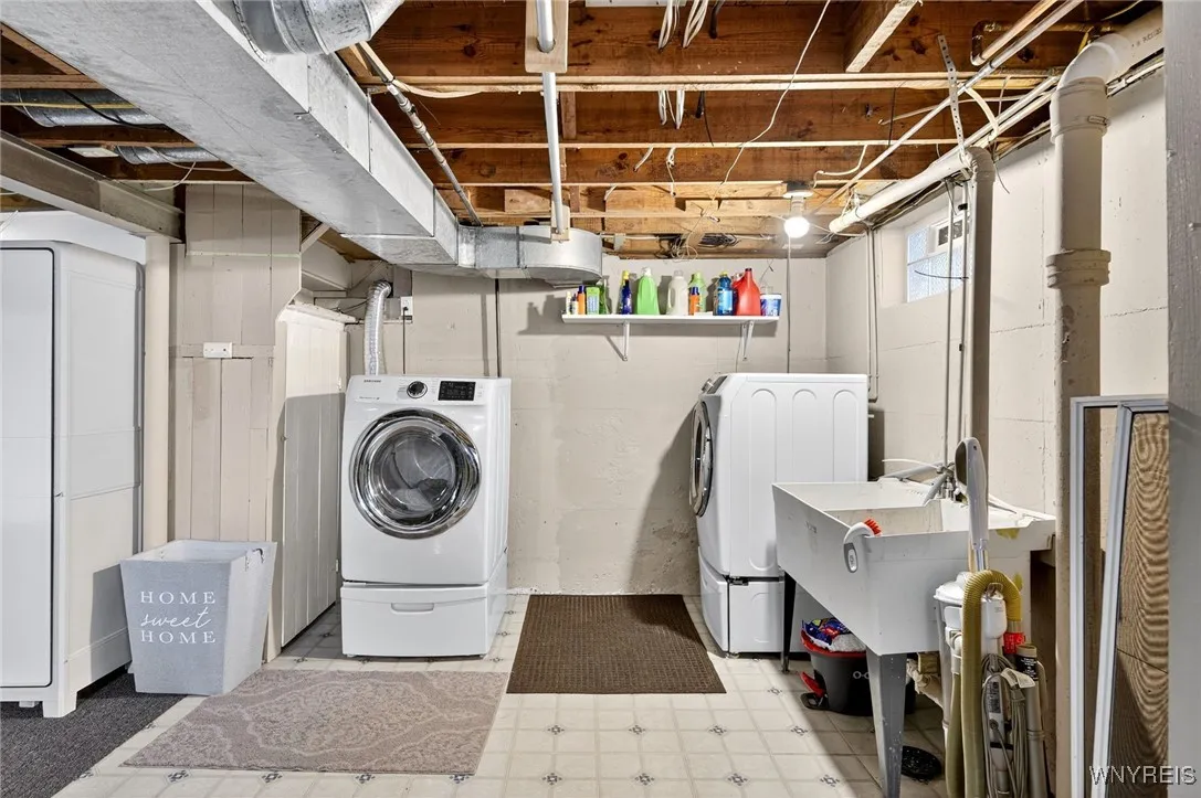 Full basement - poured  walls - half bath - washer/dryer will stay. All appliances sold as is as of the day of closing.\r\nGlass block window too!