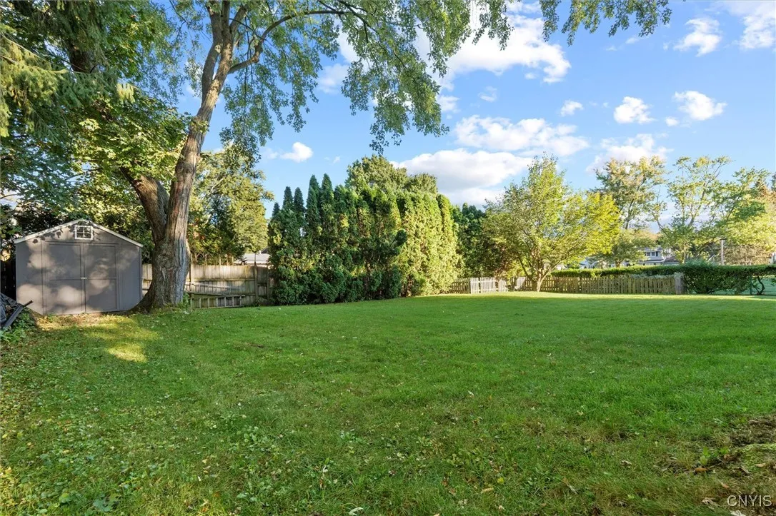 Fenced yard with shed and garden space