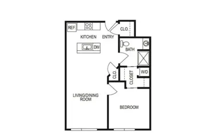 Typical 2-D floor plan for 1BR1BA