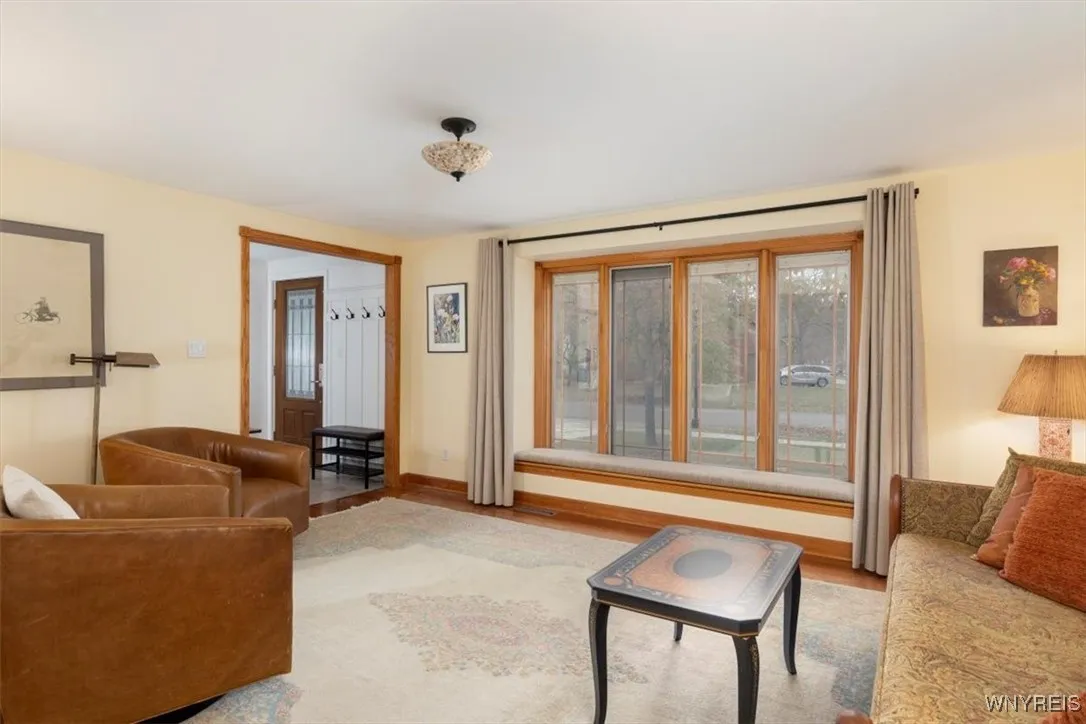 Large living room with bay window