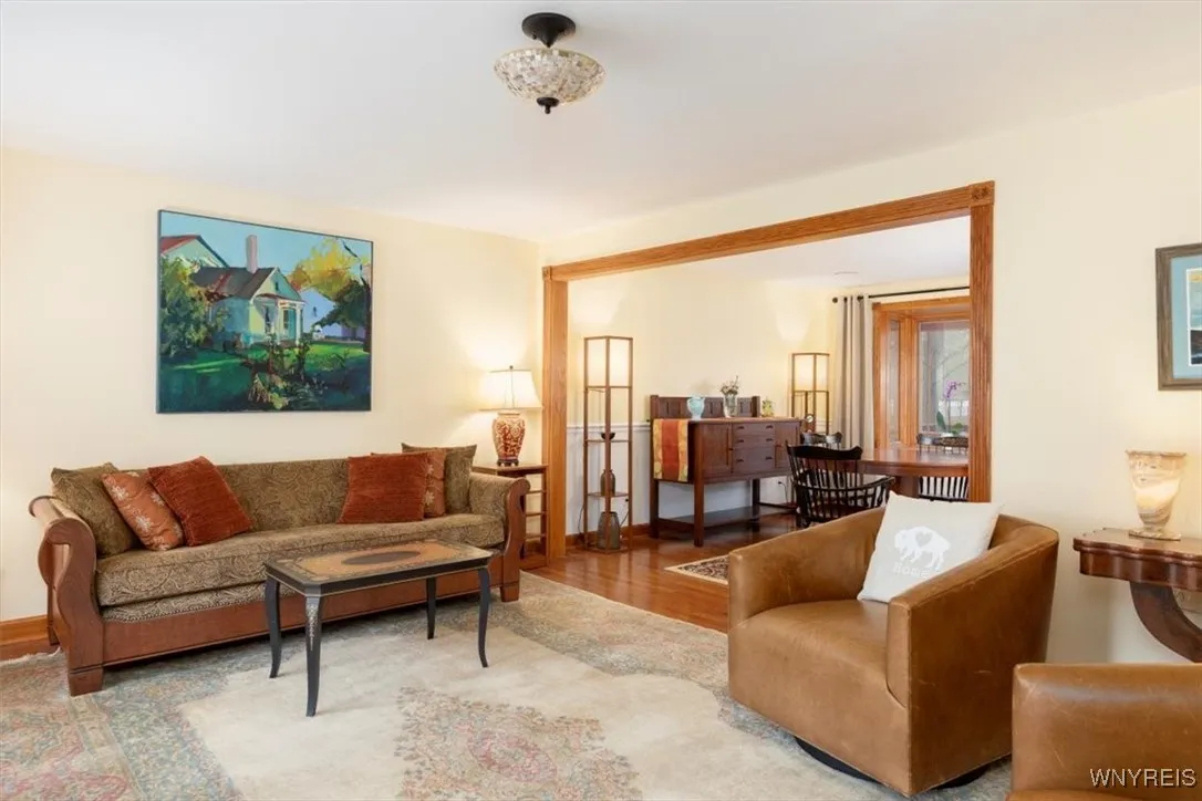 Living room, hickory hardwoods, bright & open