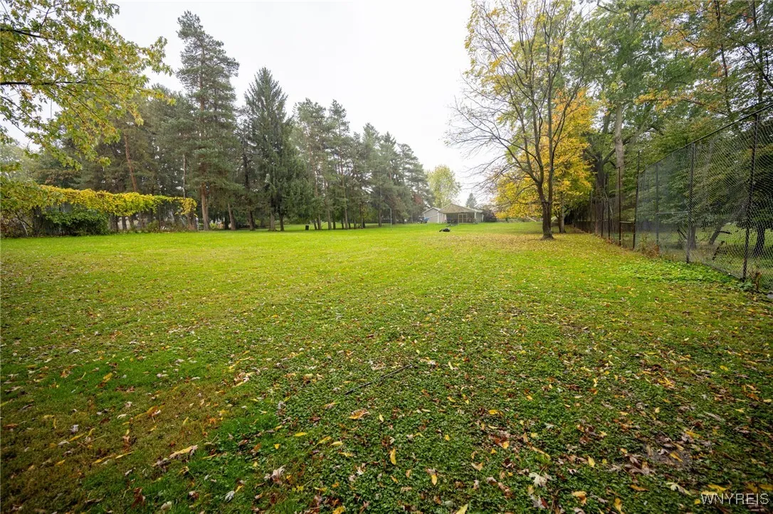 looking at buildings from back corner of yard caz golf on right