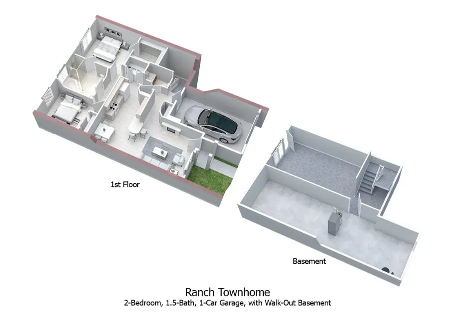 Typical floor plan for a 2-bedroom, 1.5-bathroom ranch townhome with walkout basement (partially finished)