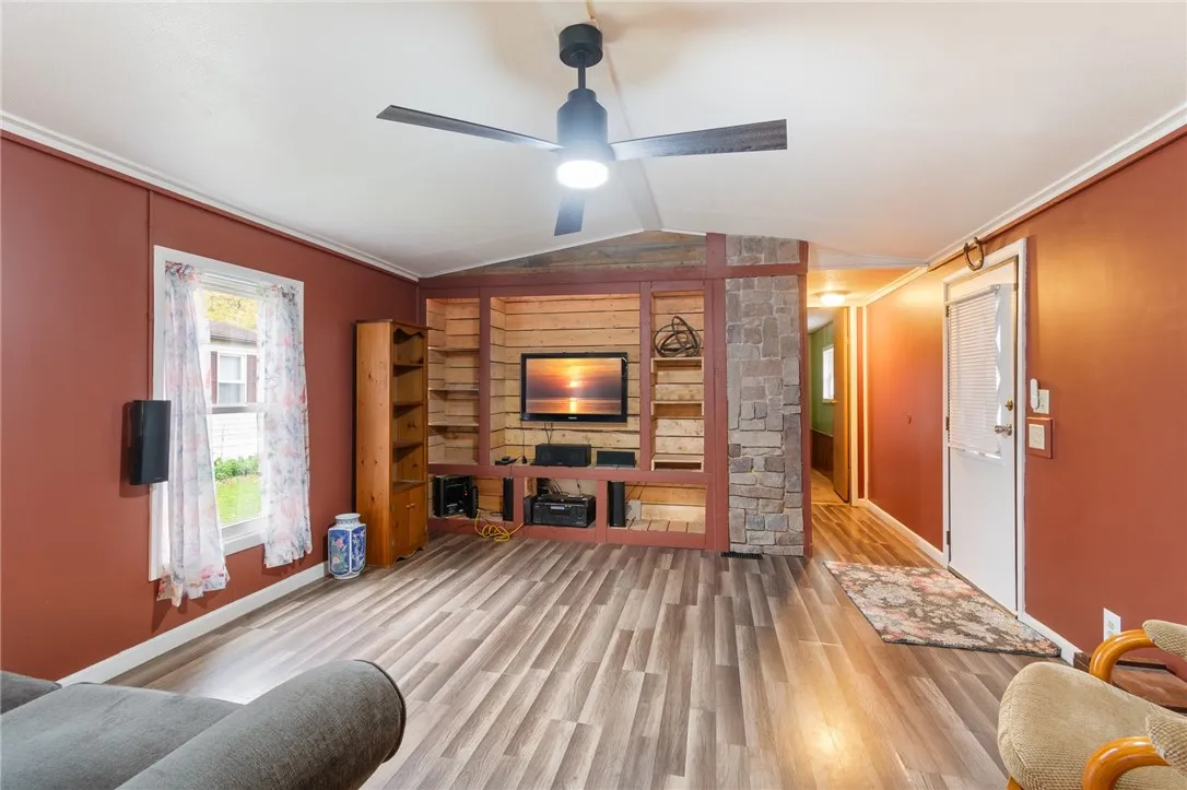 The living room- the bedrooms are located at each end of this unit