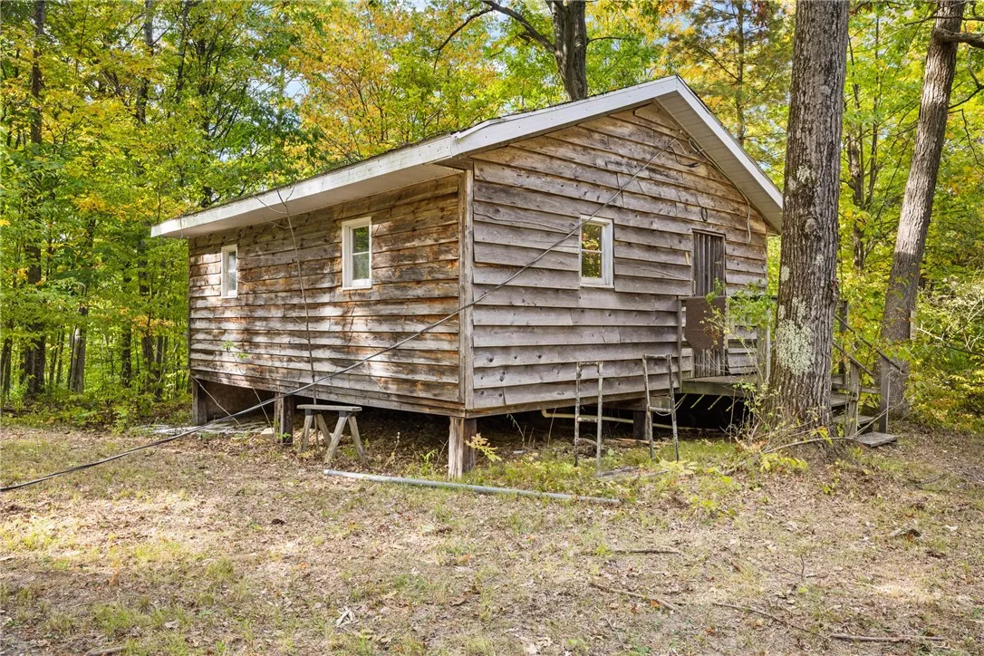 Rustic wood cabin with electric provided by the tenants of the Tower. The electrical line will be rehung prior to closing.