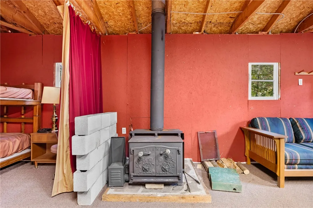 Wood stove is the only heat source.