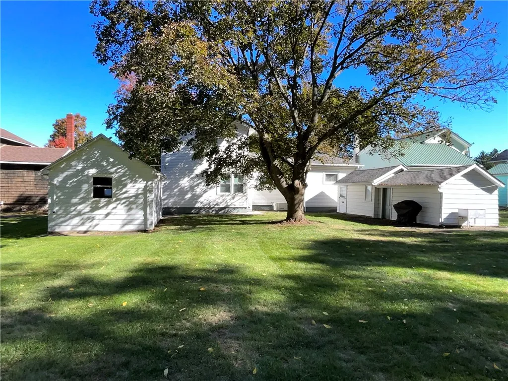 Back yard facing the house. Notice the other 2 outbuildings to the right. One can be used for a workshop.