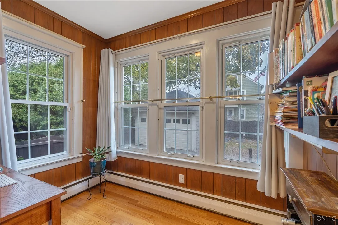 An ideal space for a home office, the copious number of windows help with that need for vitamin D, while still remaining private as it looks over the back yard.