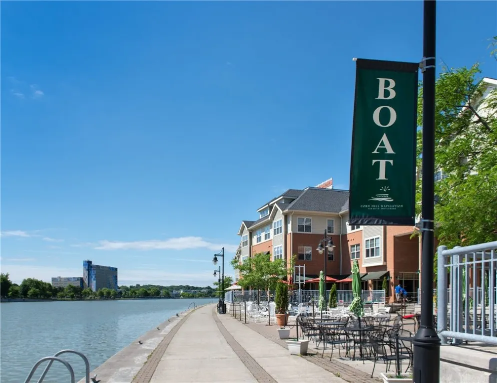 Exterior view of Corn Hill Landing from the Riverway Trail, looking south