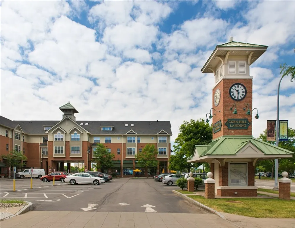 Exterior view of Corn Hill Landing with clock tower (from Exchange Blvd)