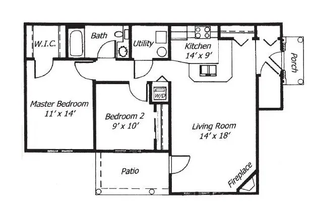 Floor plan of typical 2-bedroom, 1-bathroom Ground floor apartment with private entrance and patio