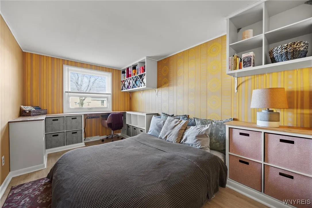 Built-in storage is a plus in this bedroom
