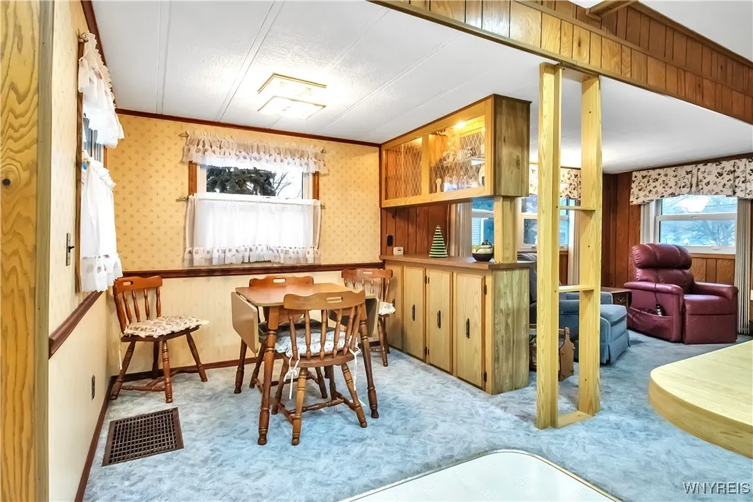 Carpeted Kitchen dining area with unique storage/room divider