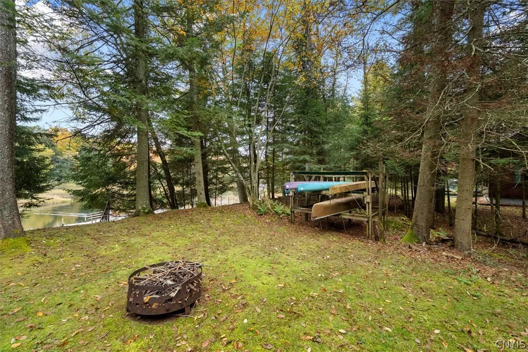 Nice yard with firepit and boat rack,