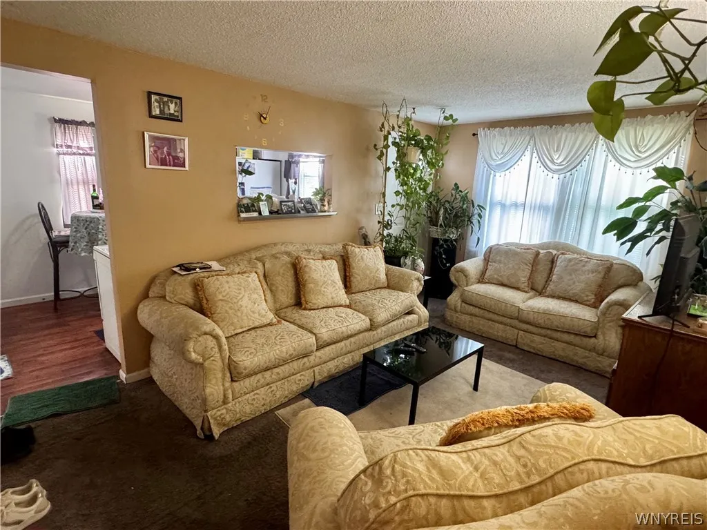 A spacious living area featuring wall pass-throughs and carpeting throughout.