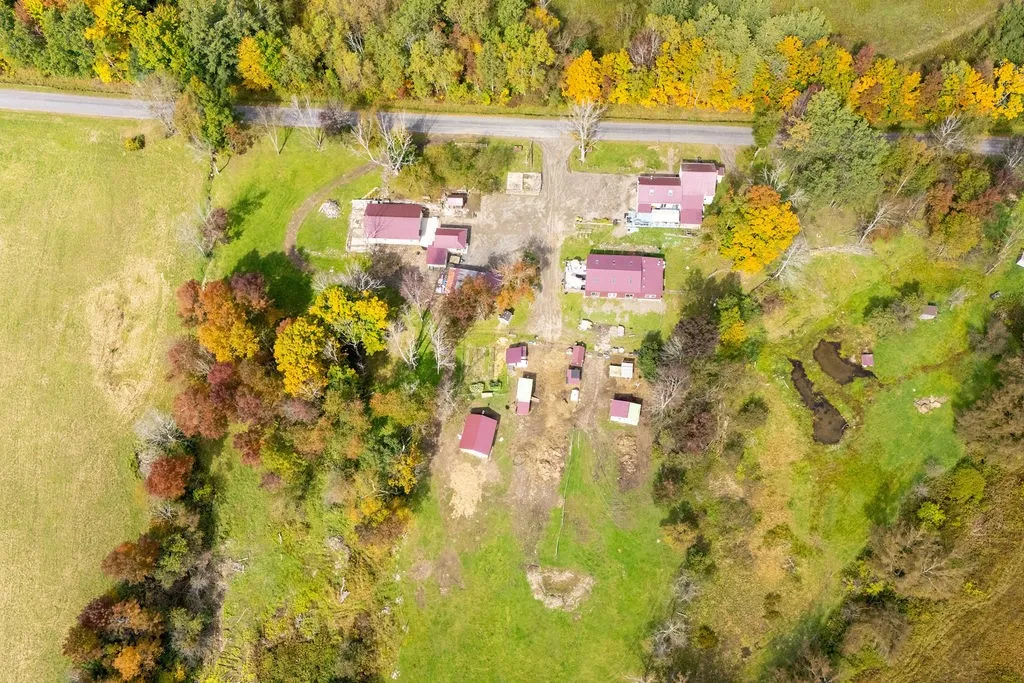 An aerial perspective showcases a spacious countryside property bordered by mature woodlands.