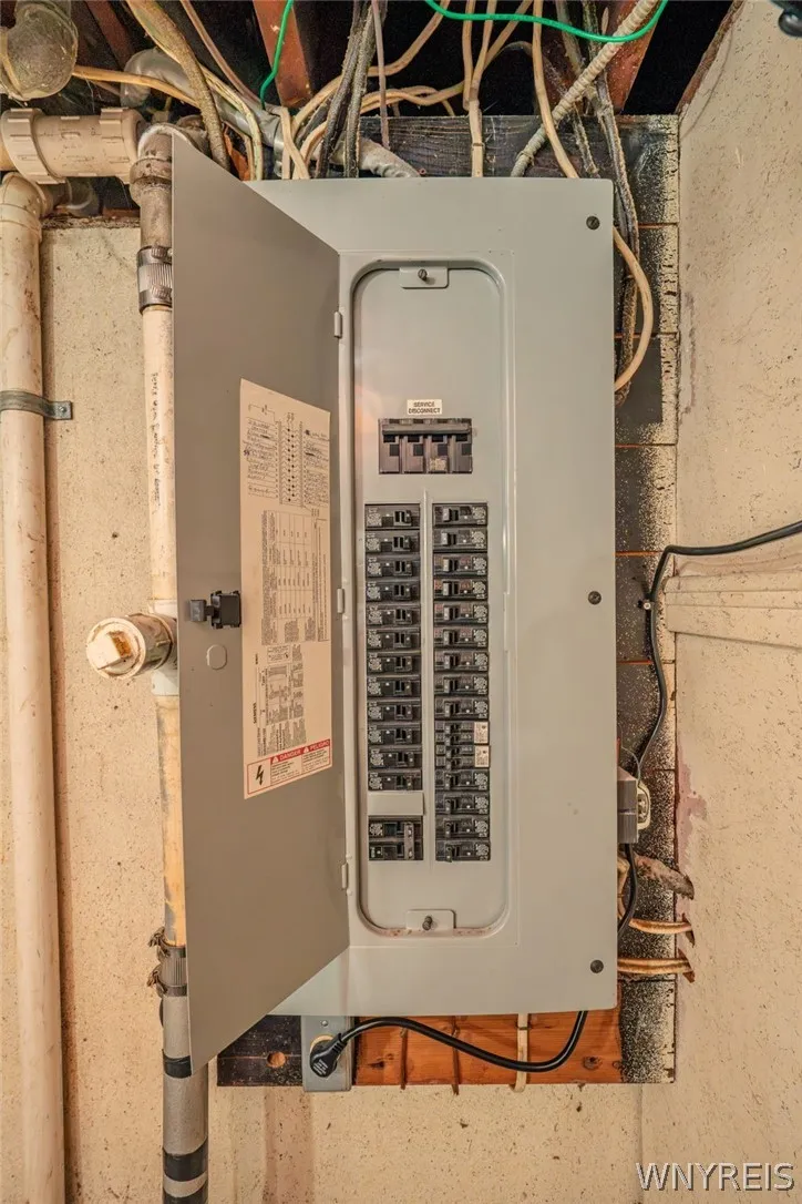 A modern circuit breaker panel provides organized electrical service to the home.