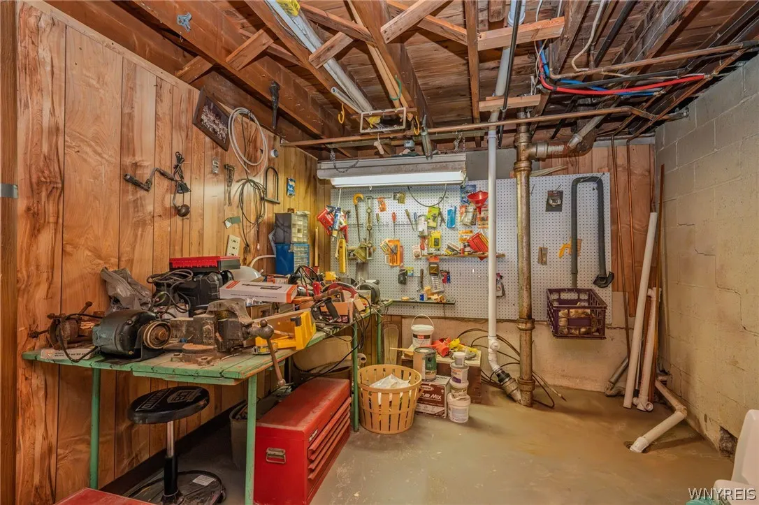 A spacious unfinished basement provides excellent potential for storage or a dedicated home workshop.