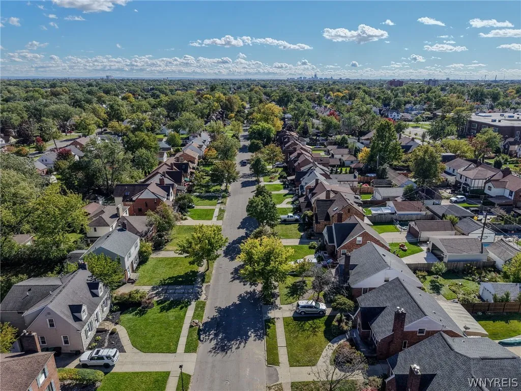 Mature trees and neat lawns line a quiet residential street stretching toward the city skyline.