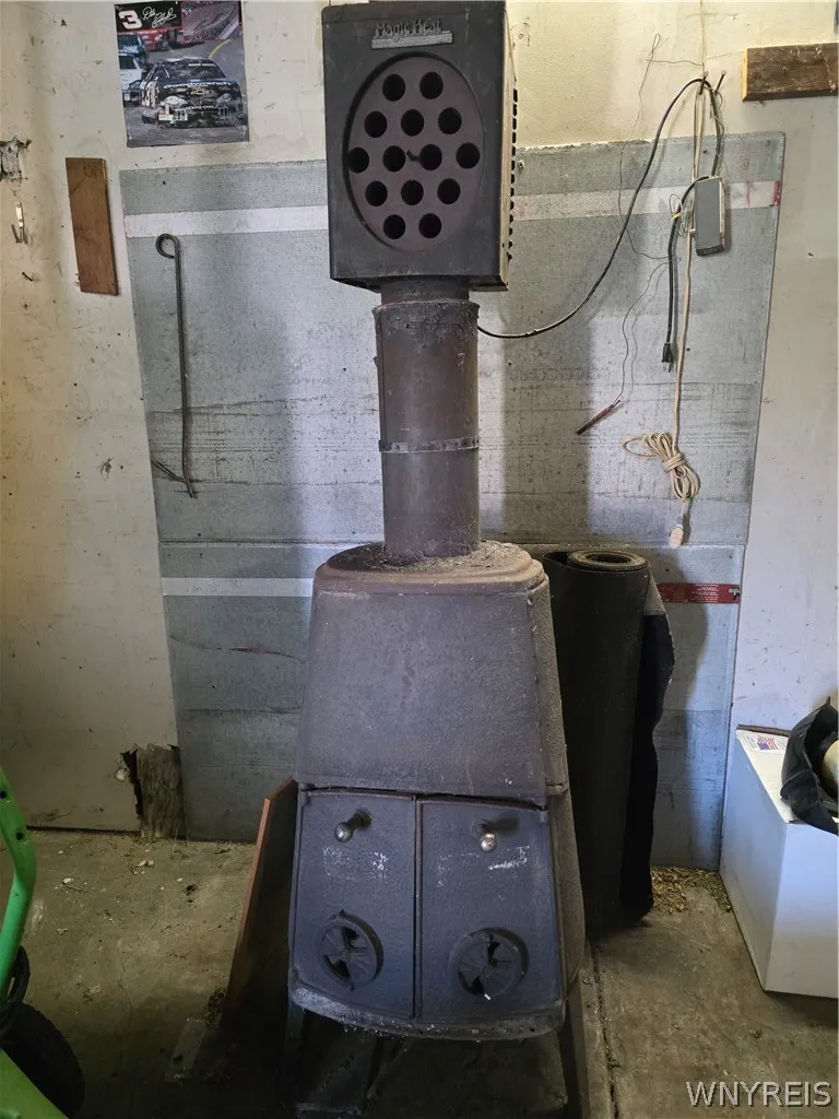 wood burning stove in gargage