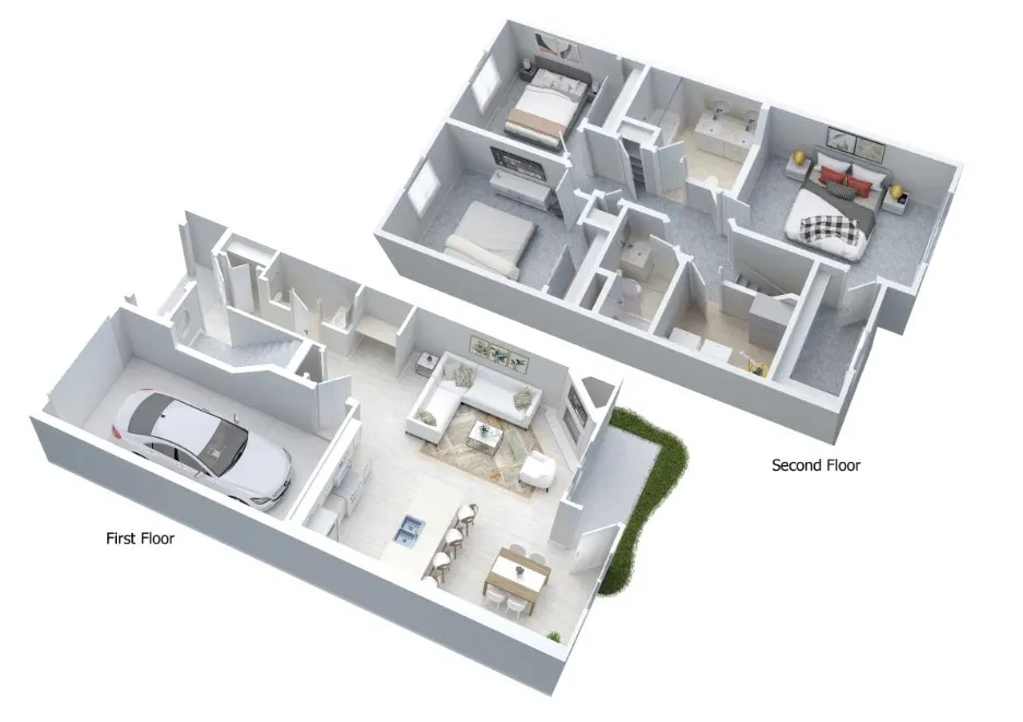 Webster Woods 3-D floor plan of 3-bedroom, 2.5 bathroom townhome with attached 1-car garage, cozy fireplace, private entrance and covered patio