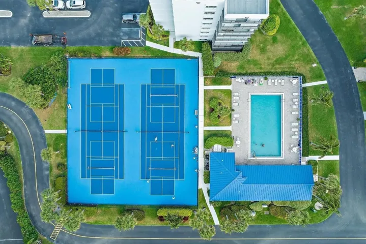 pickleball and tennis court and pool