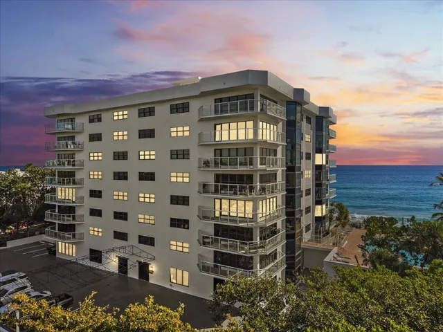 Oceanfront building at dusk
