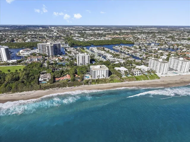 Aerial view of coastline & neighborhood