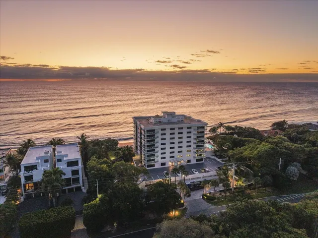 Sunset aerial over oceanfront