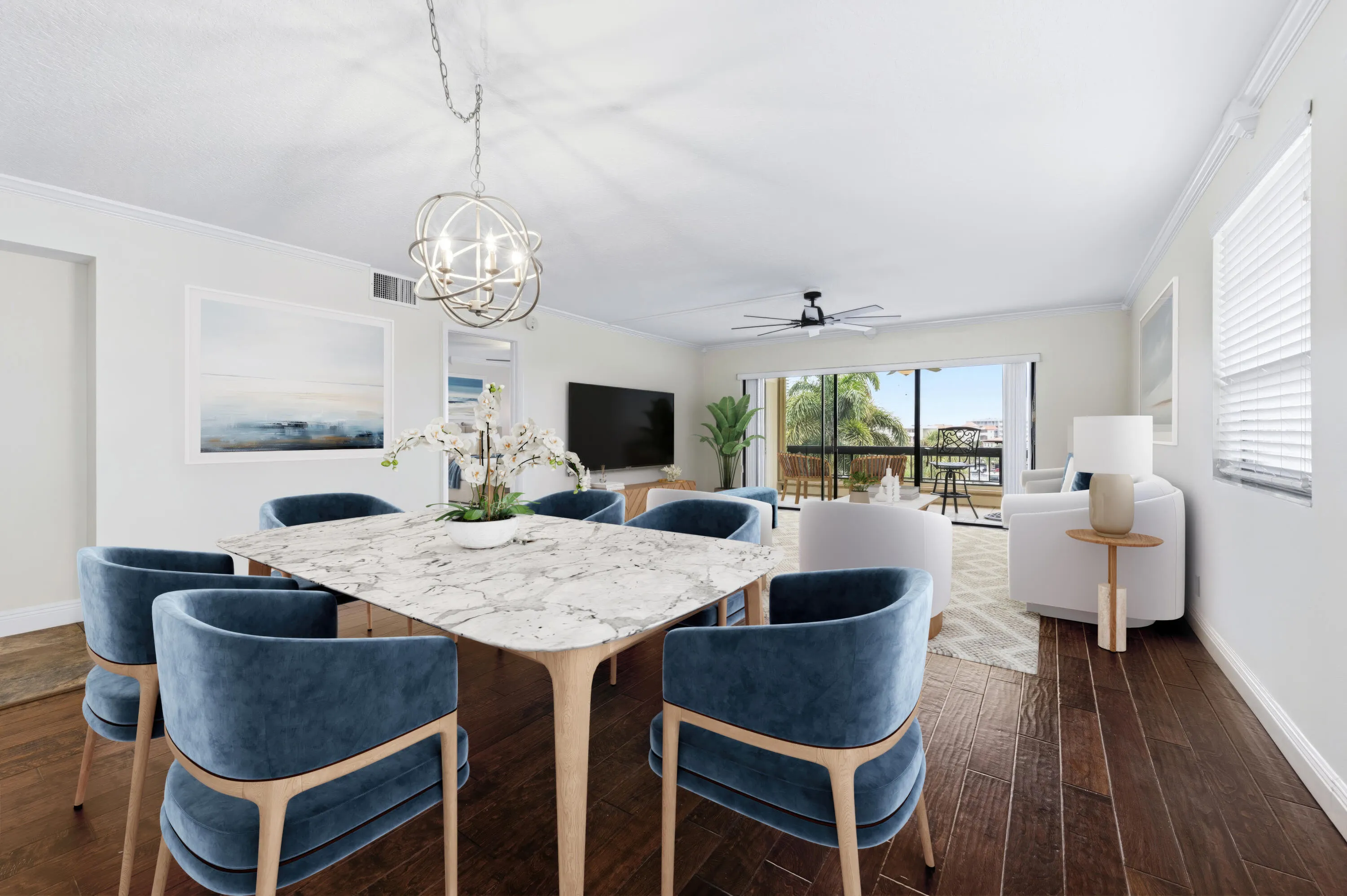 Virtually staged dining area & living room