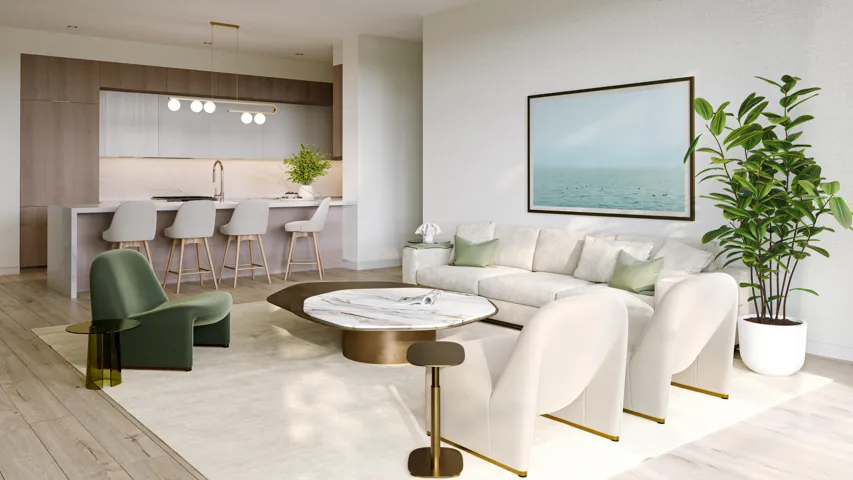 LIGHT BRIGHT, OPEN & AIRY KITCHEN & LIVING FEATURING 10FT CEILINGS, BEAUTIFUL 36X36 TILE OR WOOD PLANK FLOORING