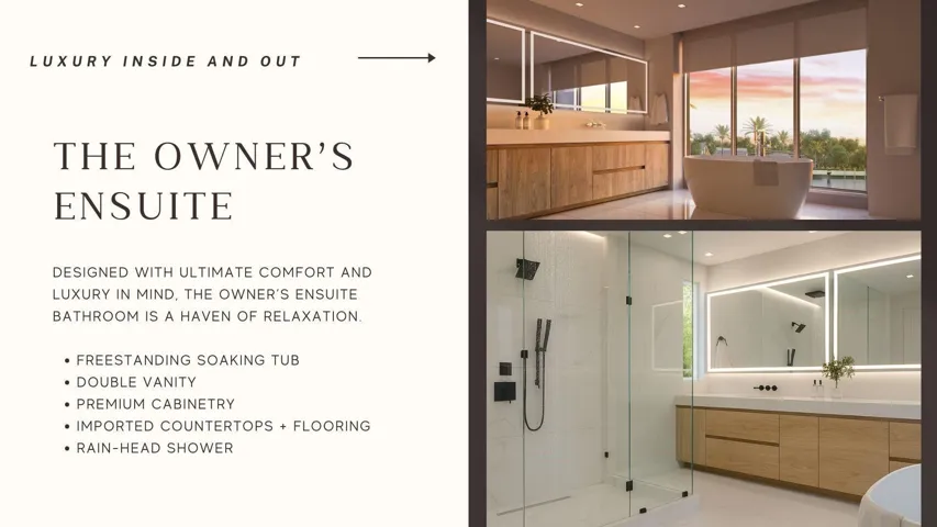 The primary bathroom is a true spa retreat, featuring dual vanities for shared comfort, a custom-designed shower with an overhead rain feature, and a sculptural soaking tub that invites long, unhurried moments. Thoughtfully designed for both connection and privacy, this is a space where mornings feel indulgent, evenings feel restorative, and everyday routines become something you truly look forward to.