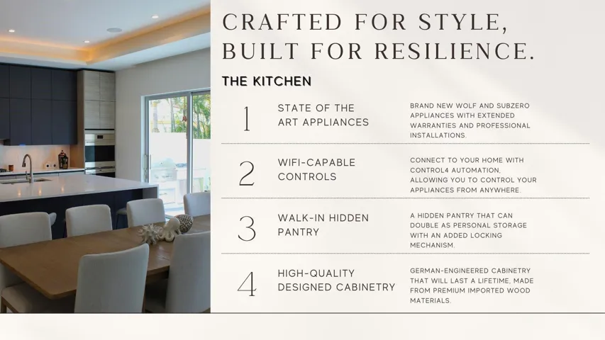The kitchen is the heart of the home, where thoughtful design and high-end appliances elevate everyday moments. From casual mornings to effortless entertaining, this space brings people together and makes every meal feel special.