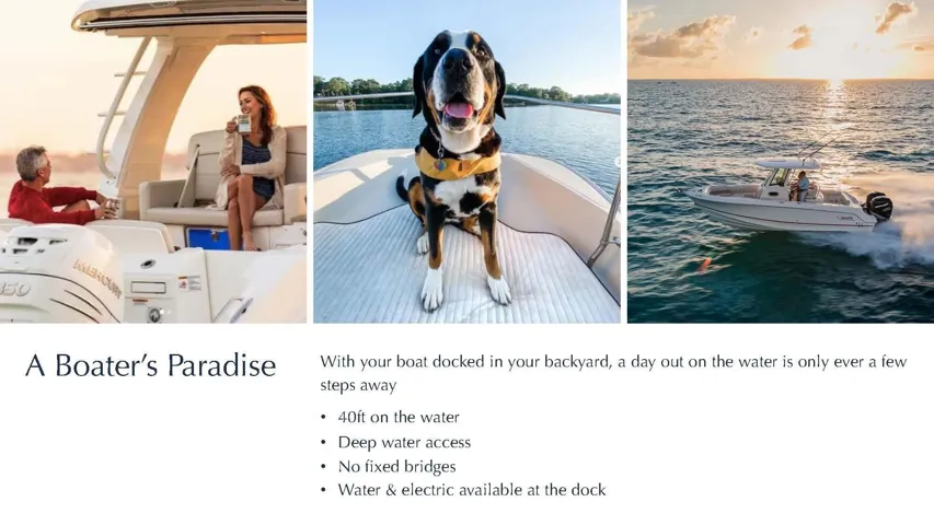 Optional Boat Slip — Accommodates up to a 35’ boat and is located just down the street within our townhome development. Should a slip be secured, a golf cart is included at no additional cost—making spontaneous days on the water effortless and turning coastal living into a daily reality.