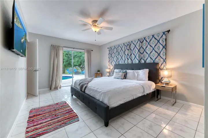 King bed & en-suite bathroom with a step-in shower. The room has a ROKU TV for streaming and access to the outdoor pool deck.